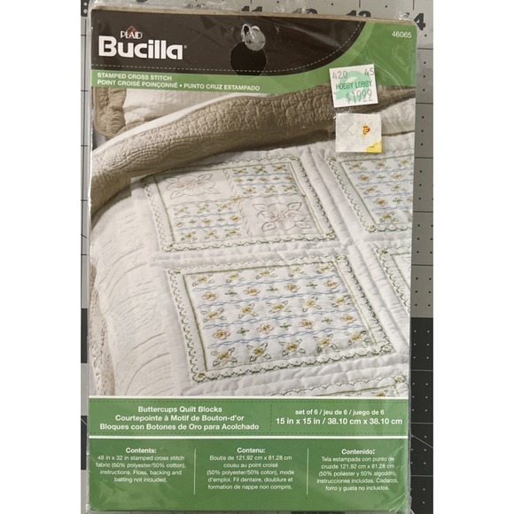 BUCILLA Stamped Cross Stitch Kit 46065 BUTTERCUPS QUILT BLOCKS KIT NEW - Picture 2 of 11